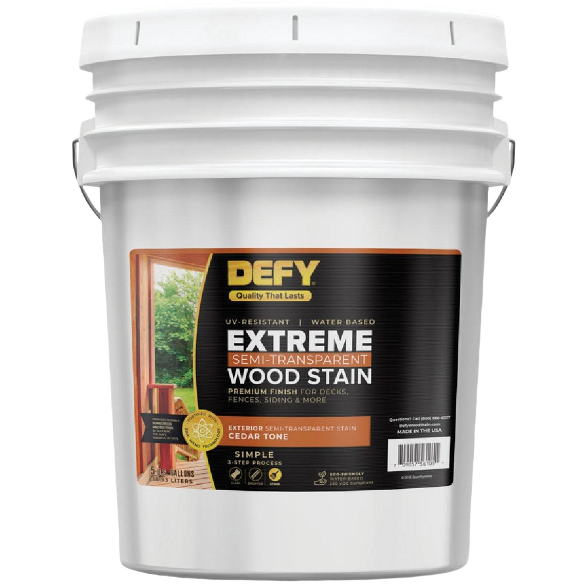5-gallon white container of cedar tone semi-transparent exterior wood stain for home improvement projects