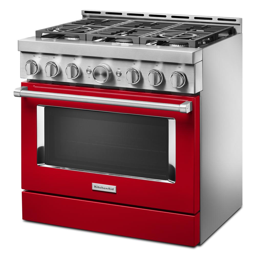 red and stainless steel smart gas range with six burners and large oven window in kitchen appliances collection