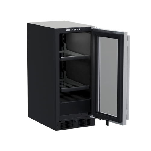Compact black beverage cooler with glass door open, featuring adjustable shelves for kitchen and appliance use