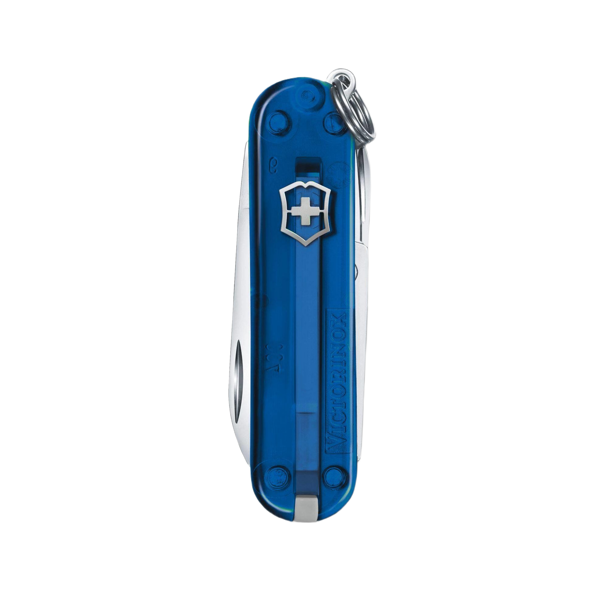 Compact transparent blue pocket knife with multiple tools for cutting, woodworking, and home improvement tasks