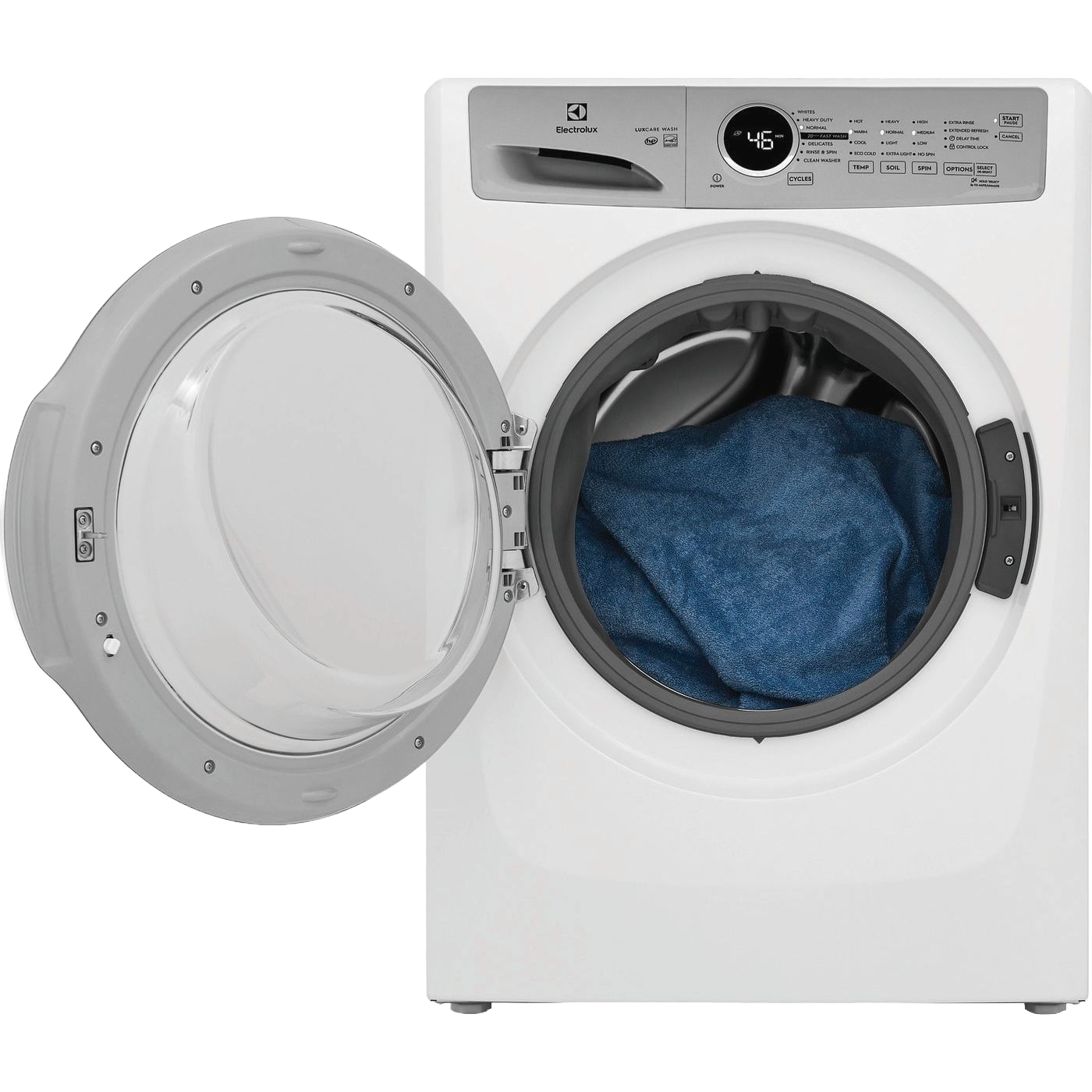 White front load washer from front load washers collection with open door and blue fabric inside drum