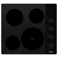 24-inch compact black electric ceramic glass cooktop with four burners and control knobs on right side from cooktops collection