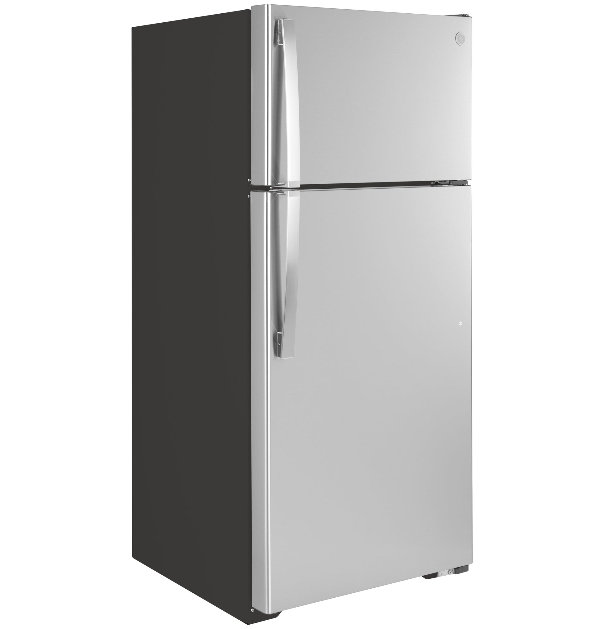 Stainless steel top freezer refrigerator with sleek curved handles from the kitchenware and appliances collection