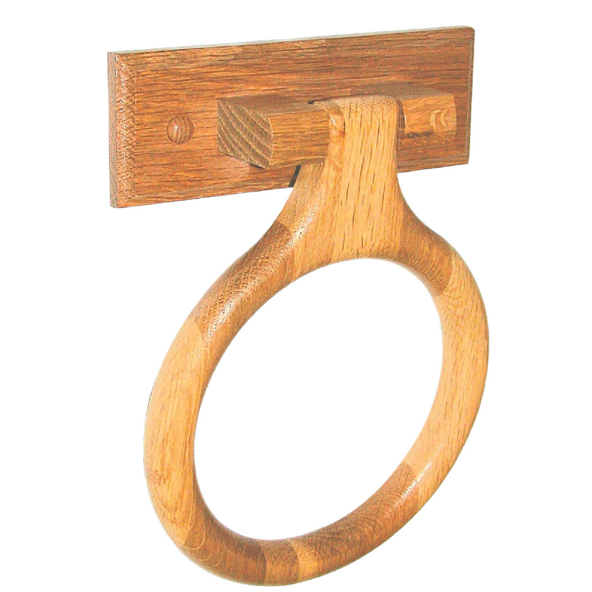 Oak-finished wooden towel ring with rectangular wall mount for classic bathroom organization and home improvement use
