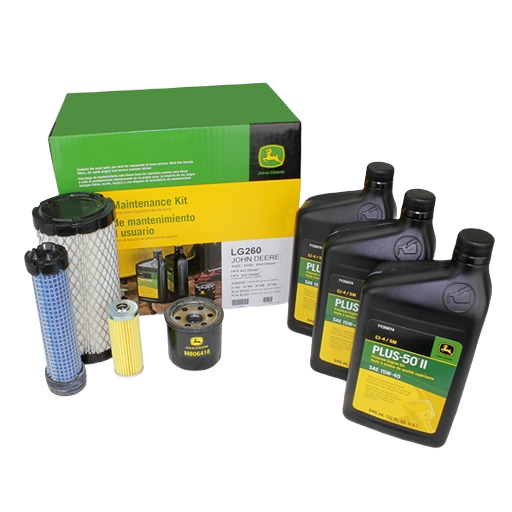 John Deere home maintenance kit with oil filters, air filters, and three quarts of motor oil for equipment upkeep