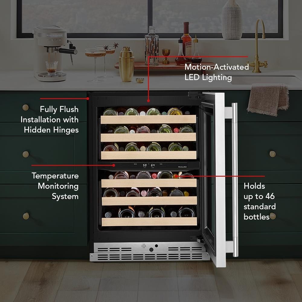 Undercounter wine cooler with wood-front full-extension racks, motion LED lighting, and digital temperature controls