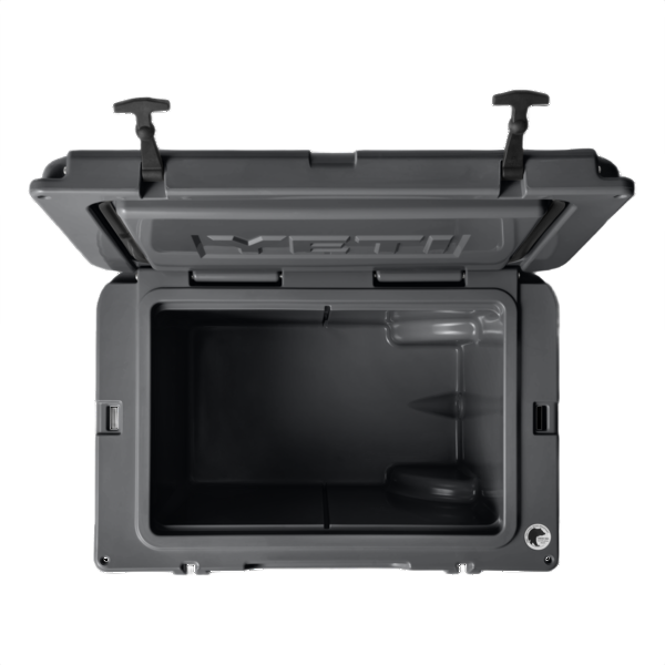 Open gray YETI Tundra 35 cooler showing spacious insulated interior for food storage in kitchen and outdoor use collections