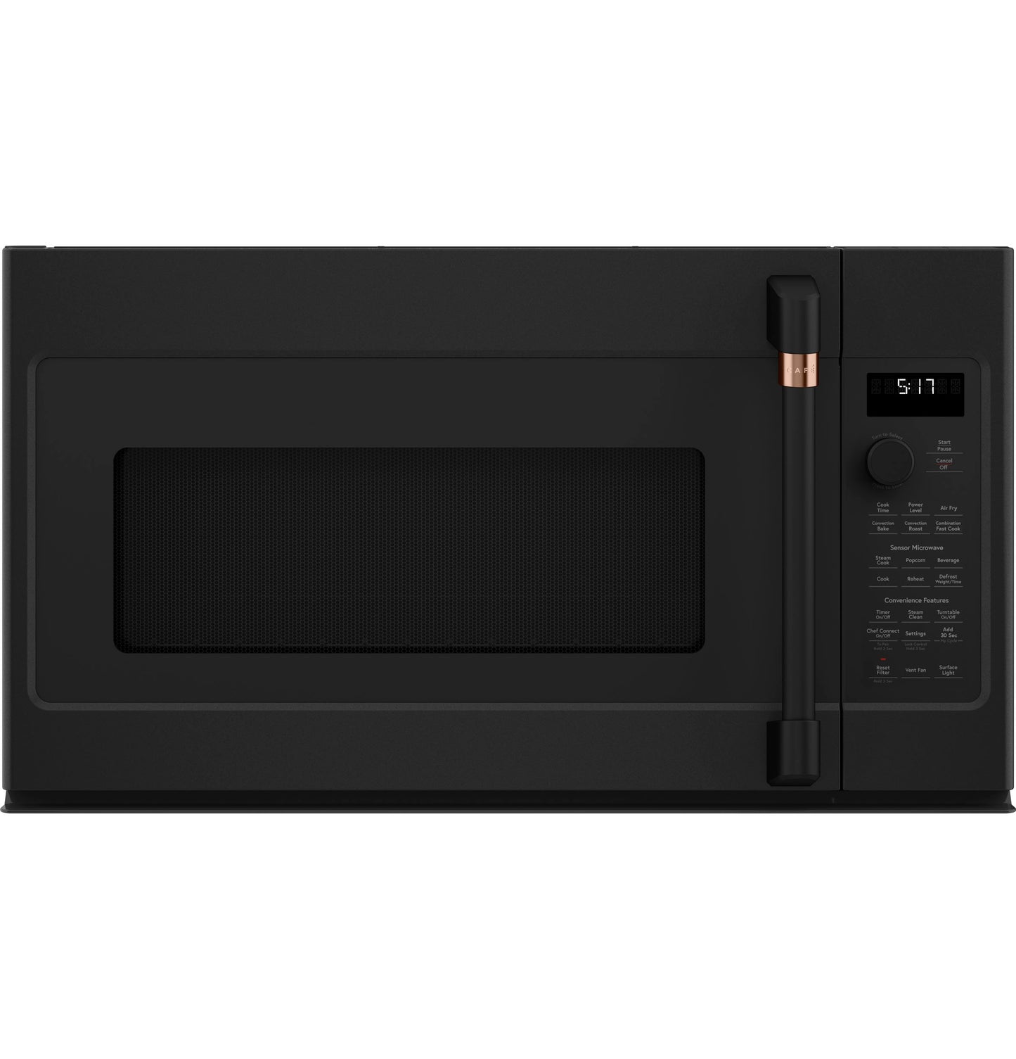 Matte black over-the-range convection microwave with digital control panel and black handle with copper accent.