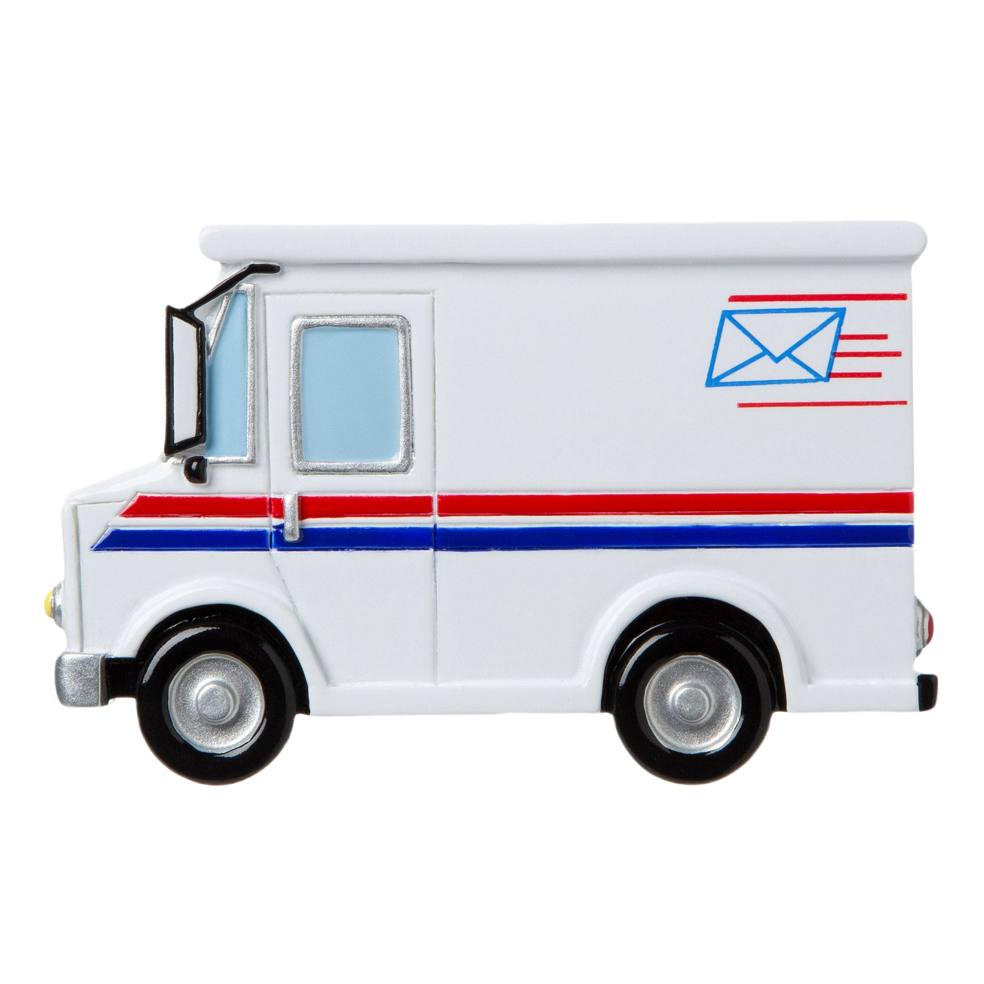 White postal delivery truck ornament with red and blue stripes and mail envelope graphic holiday decoration under 50
