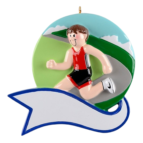 Boy jogging on curved road ornament with blank banner for Christmas Ornaments & Tree Decorations under $50 collection