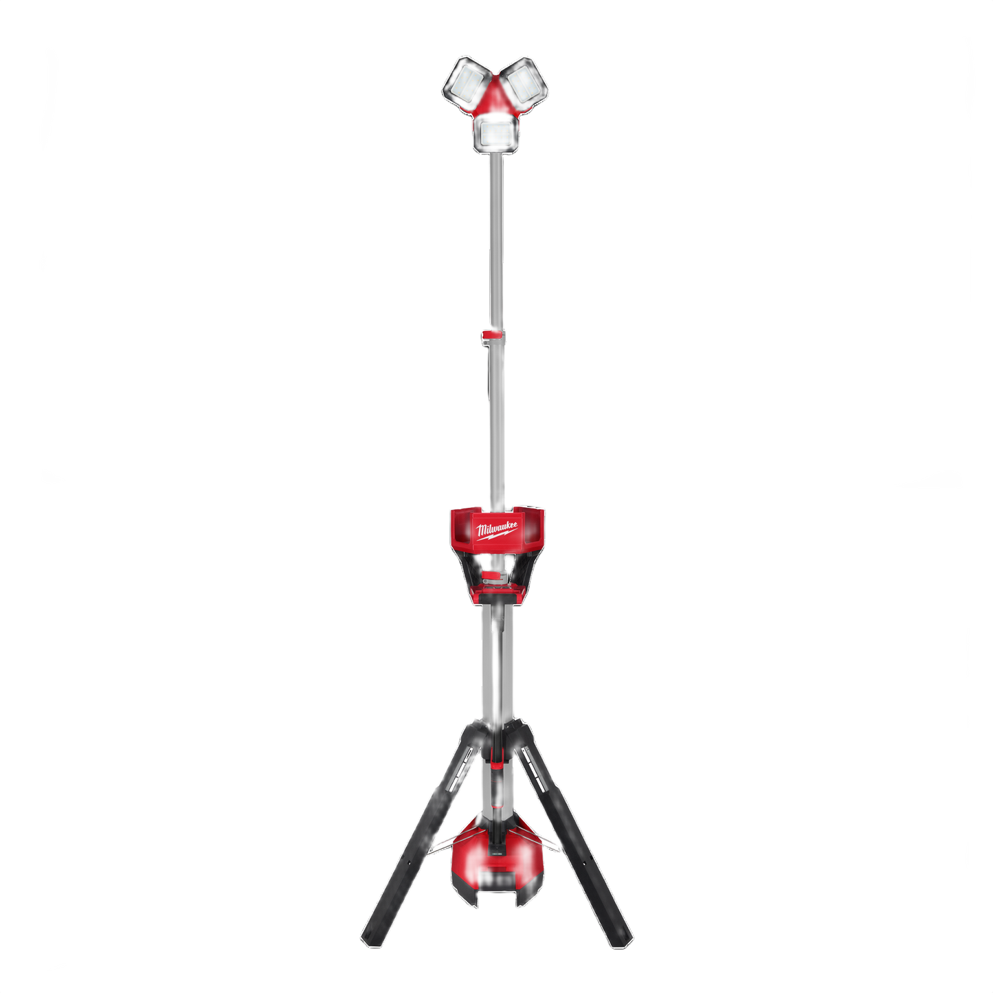 Red and black Milwaukee utility tower light with tripod base for bright work illumination in home improvement tools and work lights collections