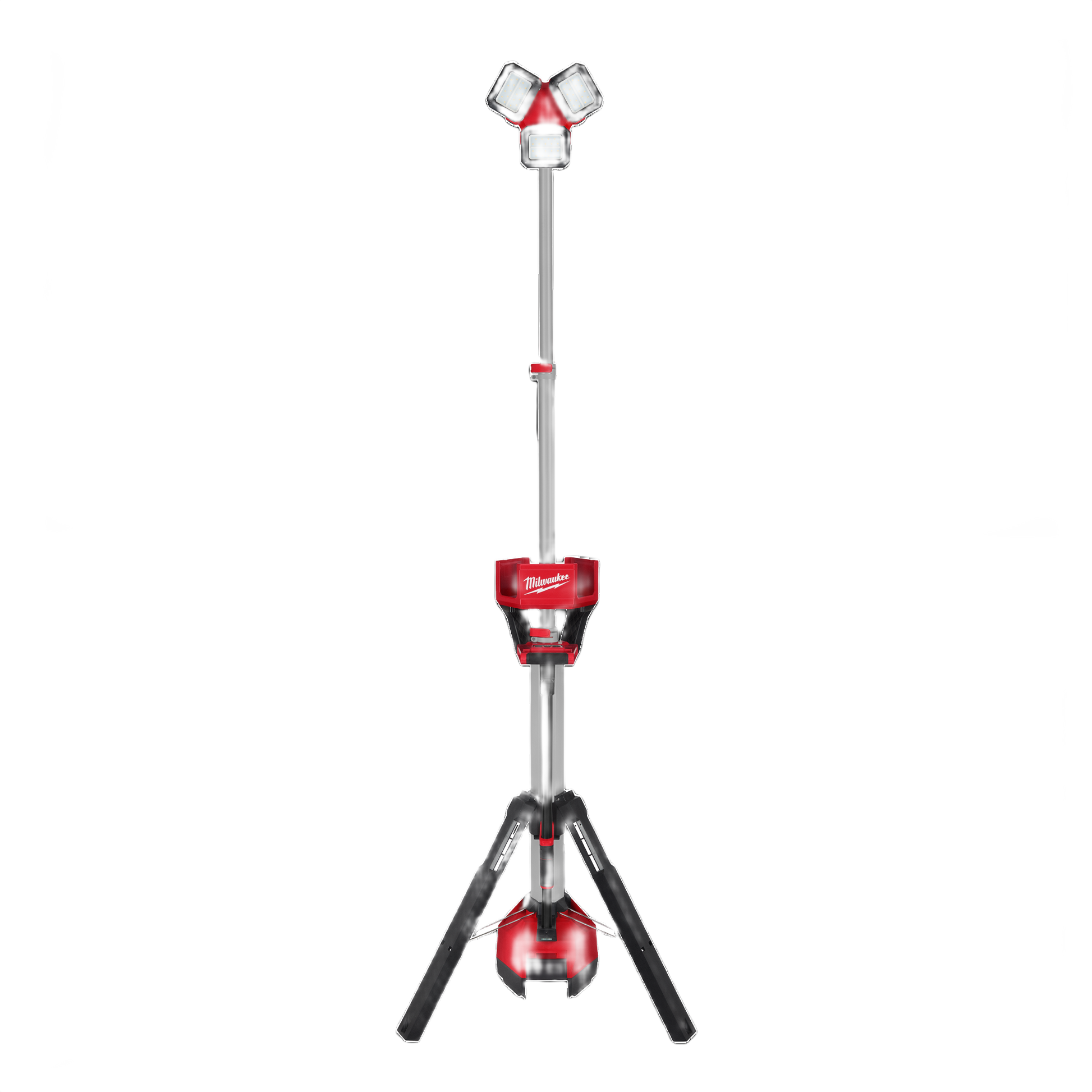 Red and black Milwaukee utility tower light with tripod base for bright work illumination in home improvement tools and work lights collections