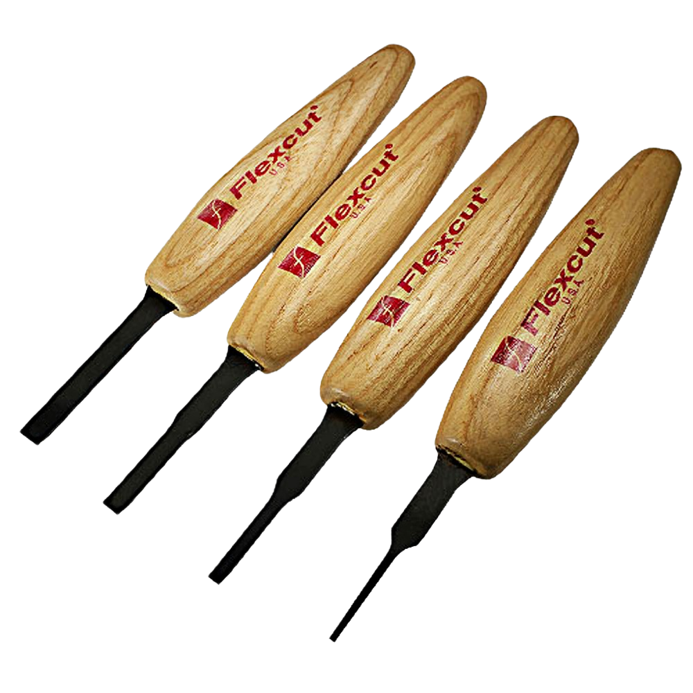 Set of four micro chisels with wooden handles and steel blades for precision woodworking and home improvement tasks