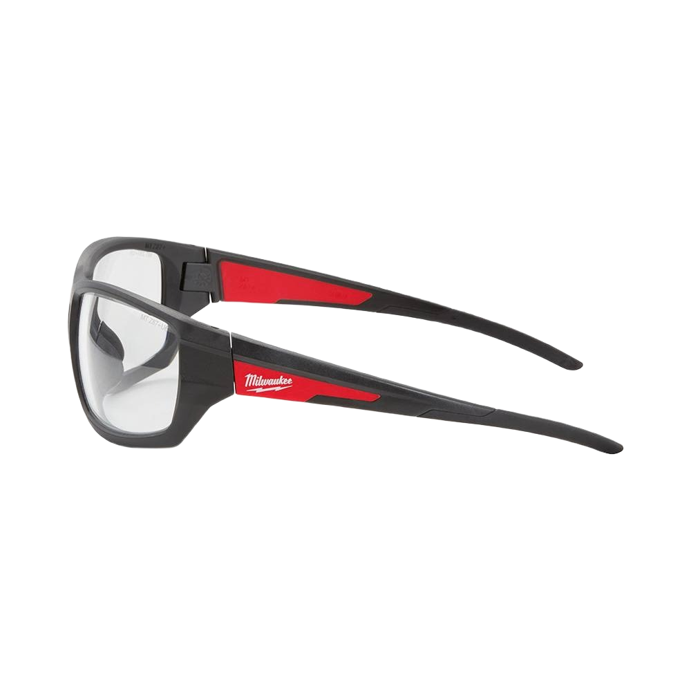 Black and red safety glasses with clear lenses designed for tools and home improvement projects