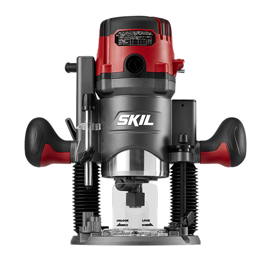 Electric plunge and fixed base router with ergonomic black and red handles for precision woodworking tasks in home improvement