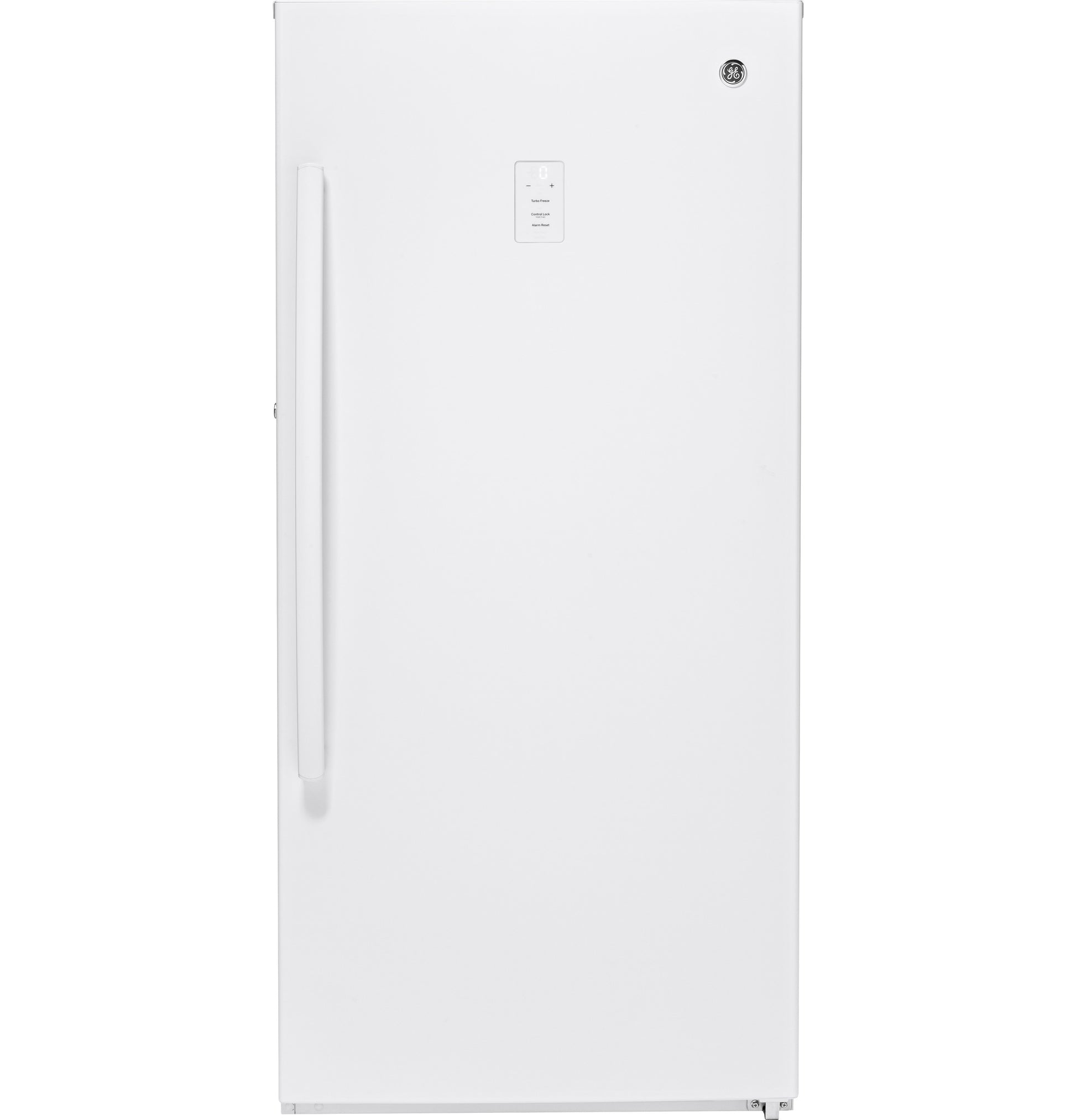 White upright freezer with vertical handle and digital control panel for garage-ready freezer collection