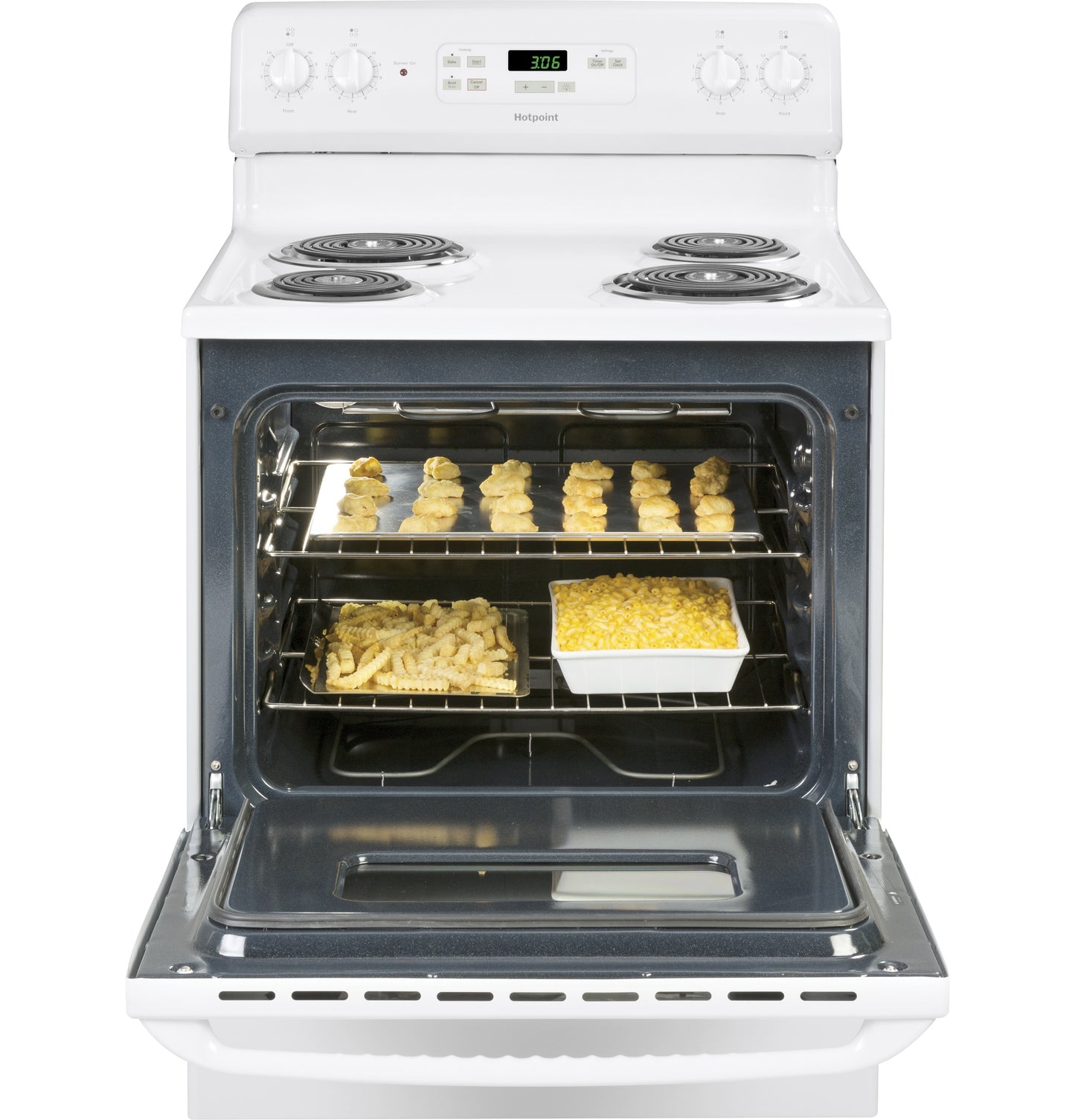 White free-standing electric range with open oven door showing baked dishes inside in kitchen appliances collection
