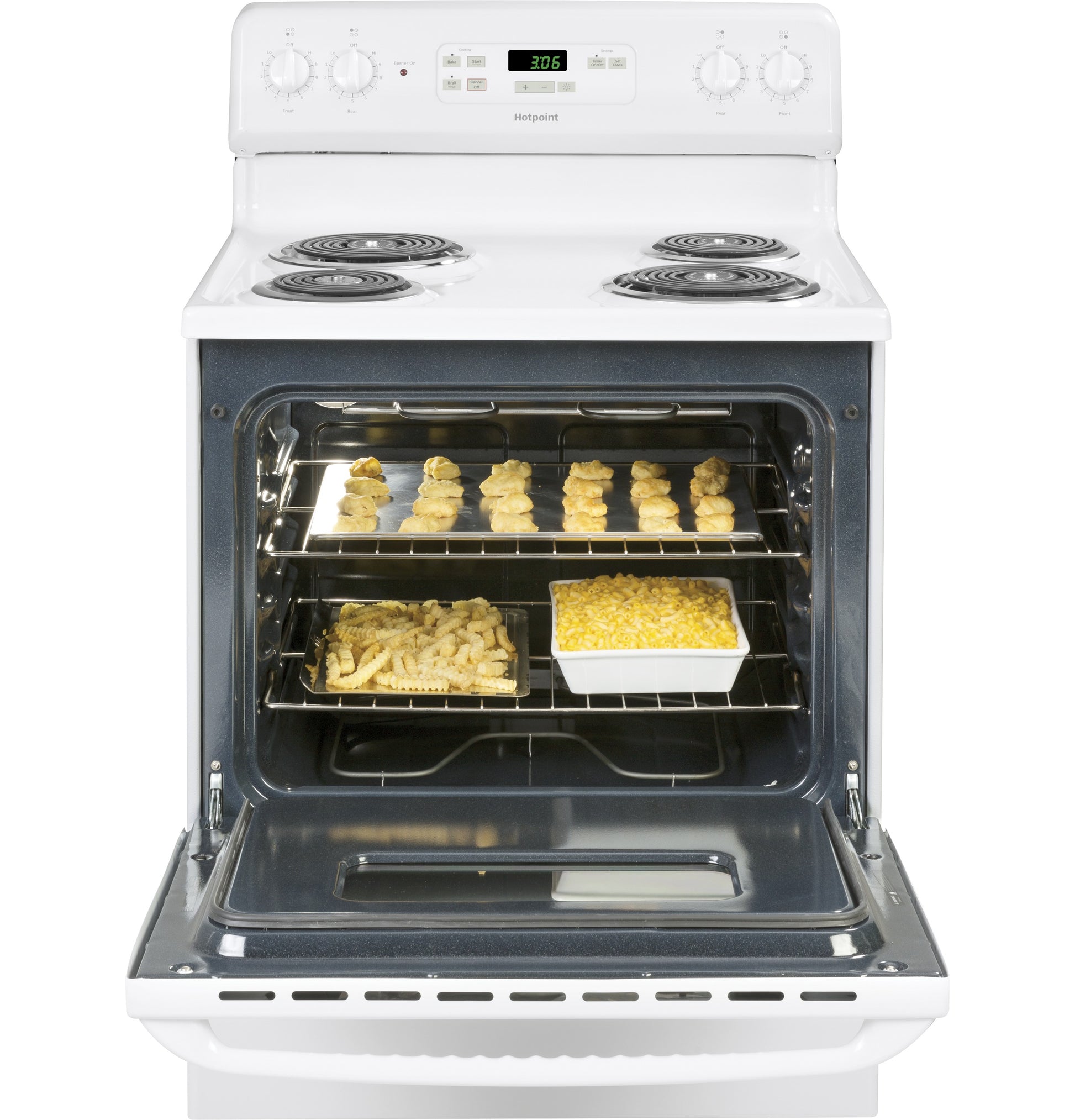 White free-standing electric range with open oven door showing baked dishes inside in kitchen appliances collection