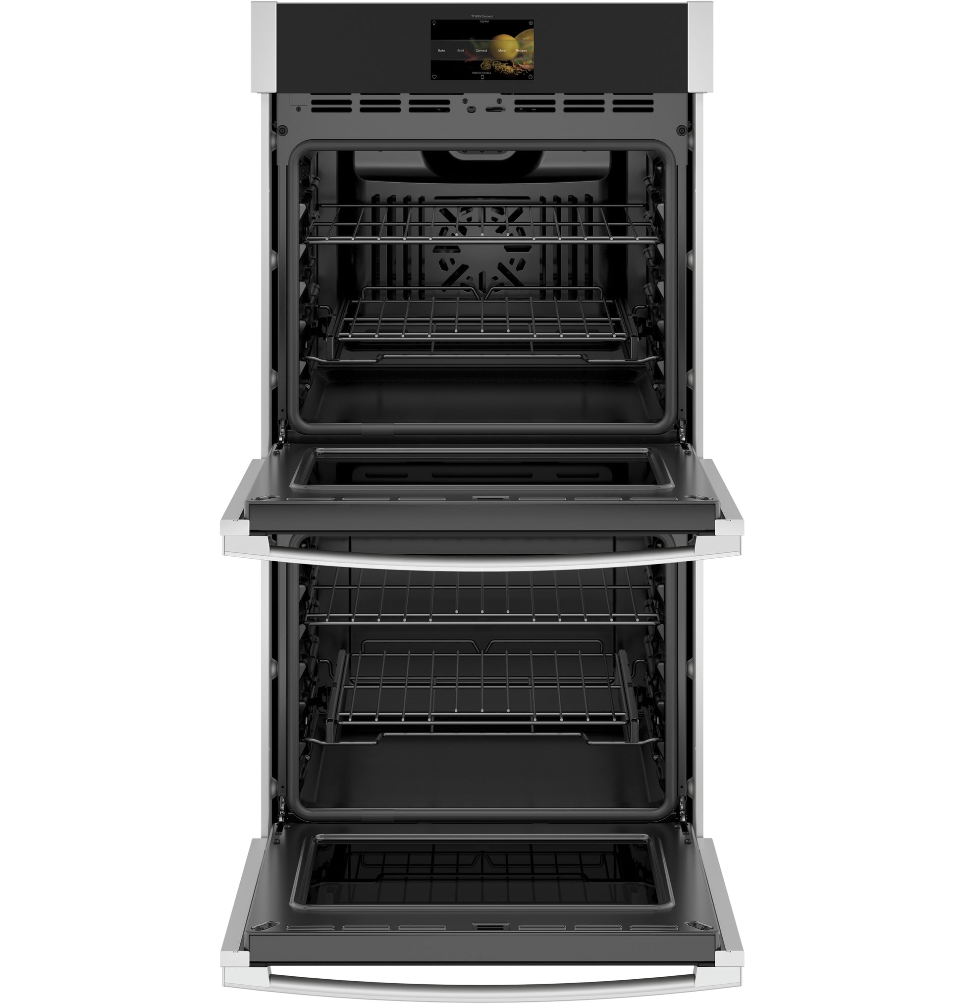 Open double stainless steel built-in wall oven with convection racks and digital control panel in Appliances collection