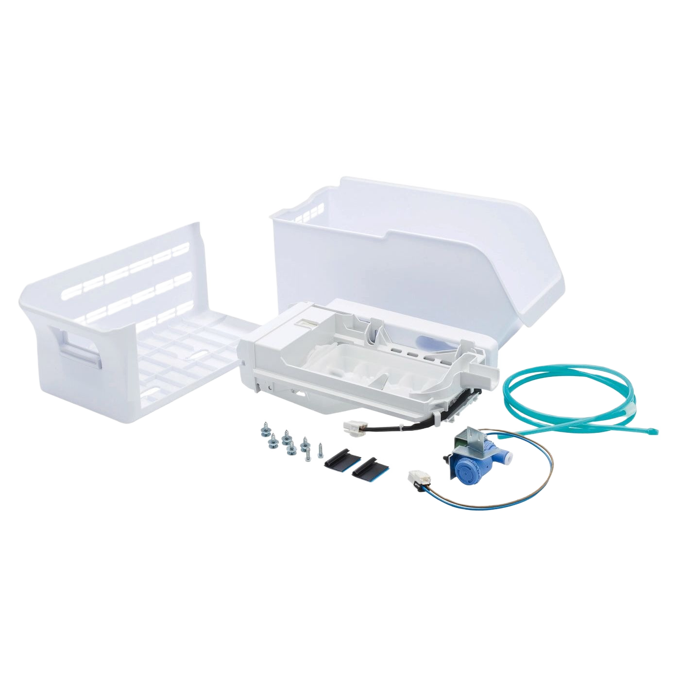 White plastic ice maker kit components with sensor arm, water valve, tubing, and mounting hardware for refrigerators and kitchen appliances