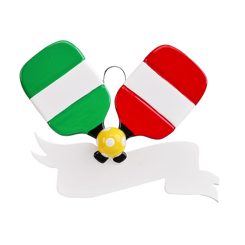 Personalized Christmas ornament with two colorful pickleball paddles and ball in festive tree decoration collection under $50