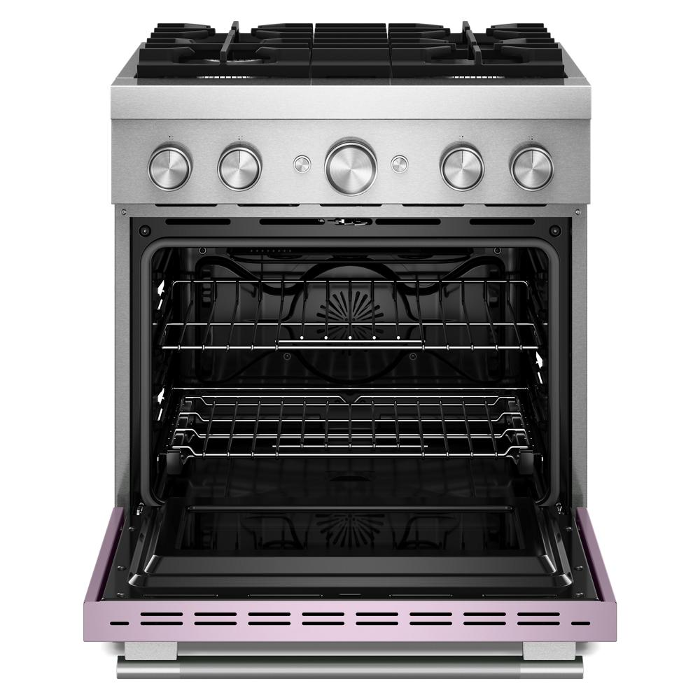 30-inch dual fuel range with stainless steel and lavender accents, four burners, and open oven door from KitchenAid Ranges collection