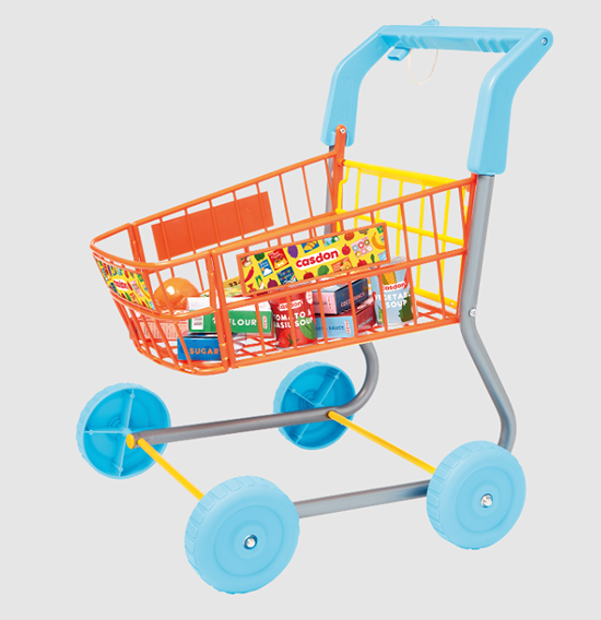 Colorful toy shopping trolley with blue wheels and handle, filled with miniature grocery items for pretend play collection