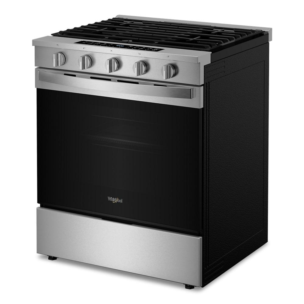 30-inch stainless steel smart slide-in gas range with five burners and digital controls from kitchen appliances collection