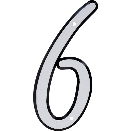 Reflective metal house number 6 in silver with black border, designed for easy nail-on installation in home improvement projects
