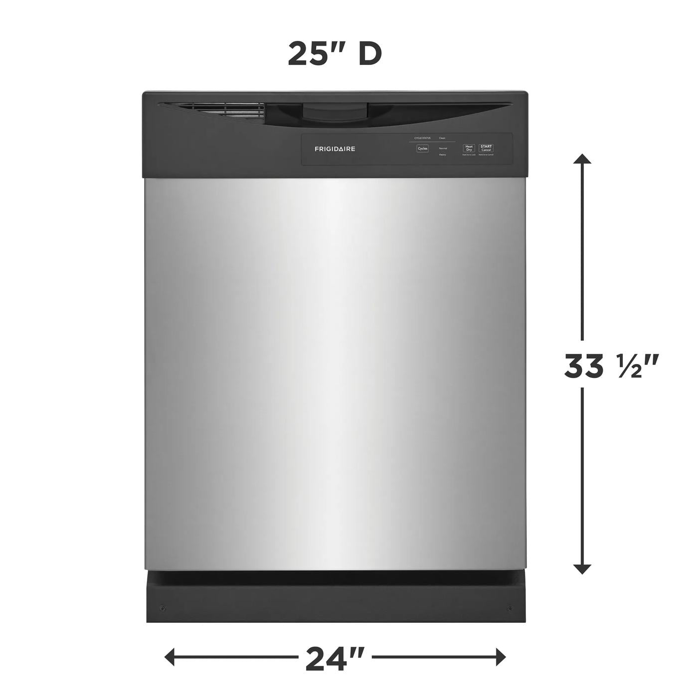 Front view of a stainless steel built-in dishwasher with black control panel for kitchen and home appliances