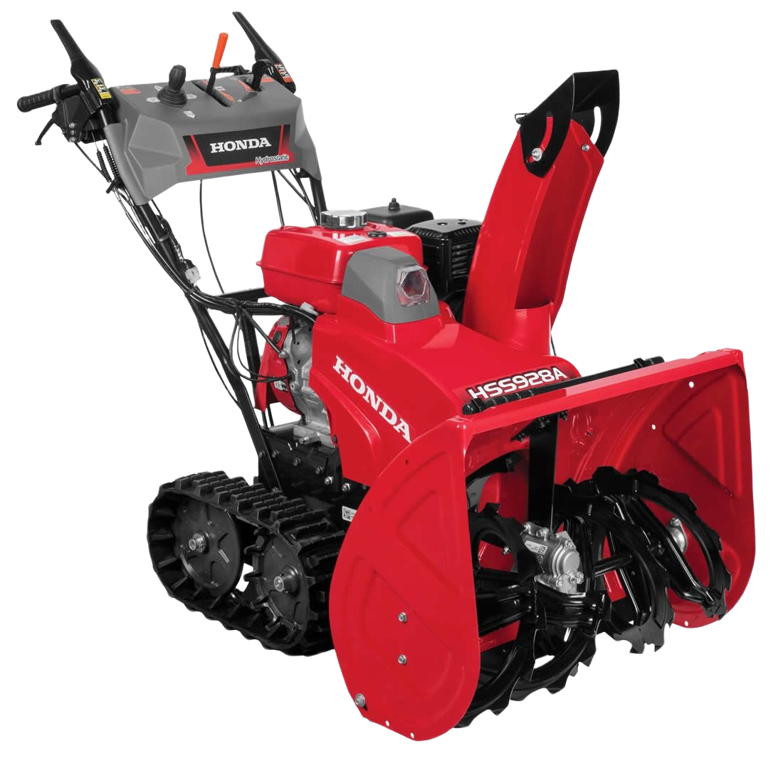 Red and black two-stage snow blower with tracked wheels for efficient snow removal in home improvement tasks