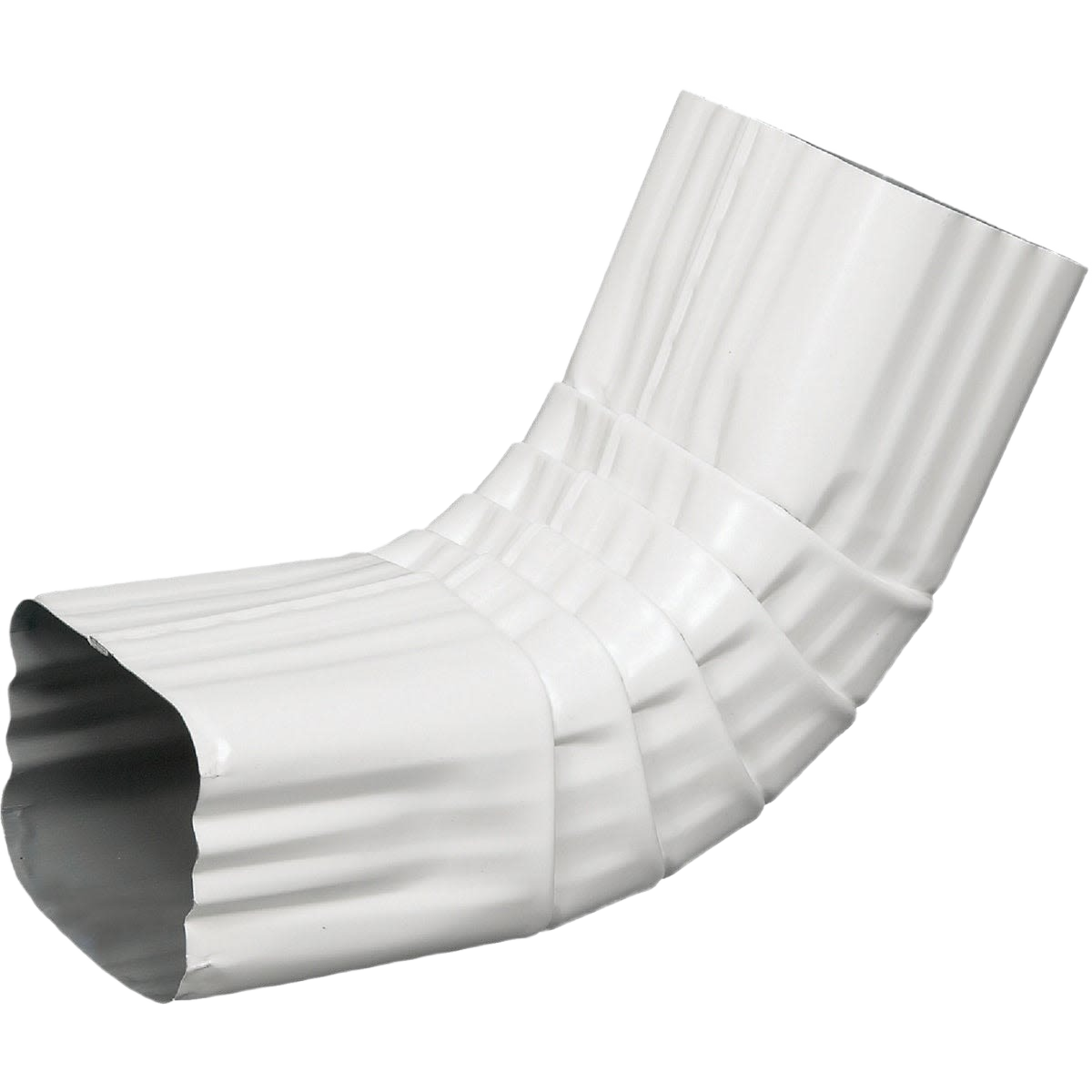 White aluminum front downspout elbow with corrugated design for directing water flow in home improvement projects
