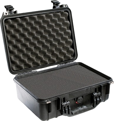 Black hard shell protective case with foam interior for secure storage and organization in dorm and home collections