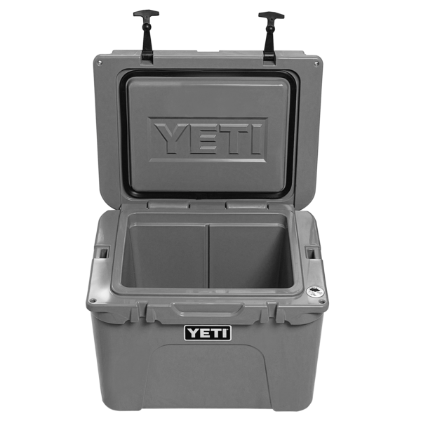 Open gray rotomolded cooler with latch locks and insulated interior for food storage and organization use