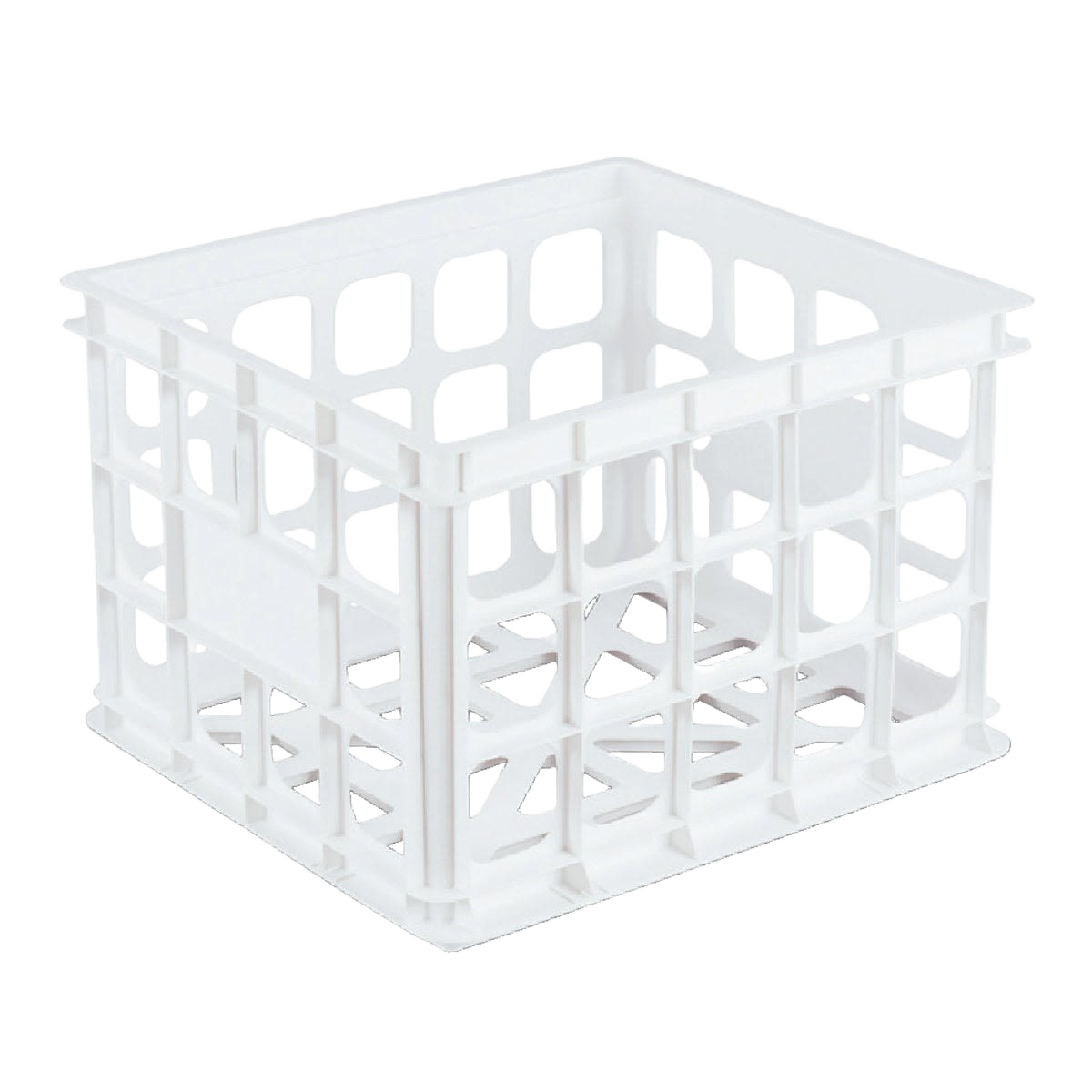 White plastic storage crate with open grid design for organizing in storage and dorm organization collections