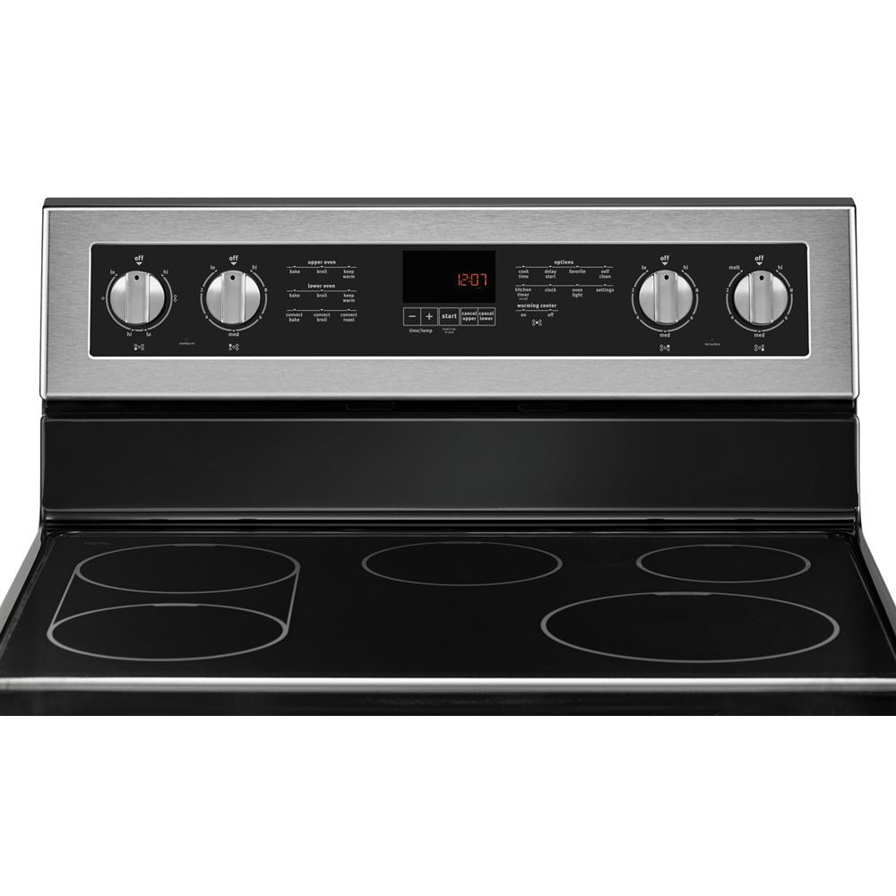 Close-up view of a stainless steel and black electric range cooktop featuring four smooth radiant burners and digital control panel, part of Ranges, Electric Ranges, Kitchen & Kitchenware, Appliances, and Ranges & Cooktops collections.
