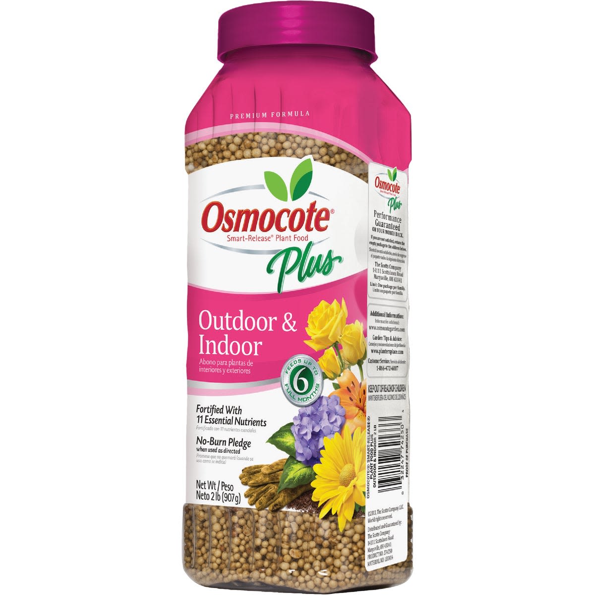 Container of Osmocote smart-release plant food granules designed for outdoor and indoor gardening use