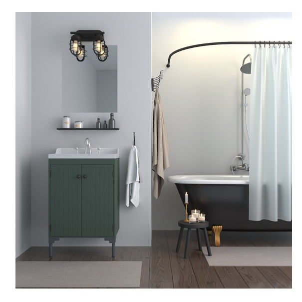 Rustic noble bronze 2-light vanity fixture with caged bulbs over green bathroom vanity in farmhouse style decor