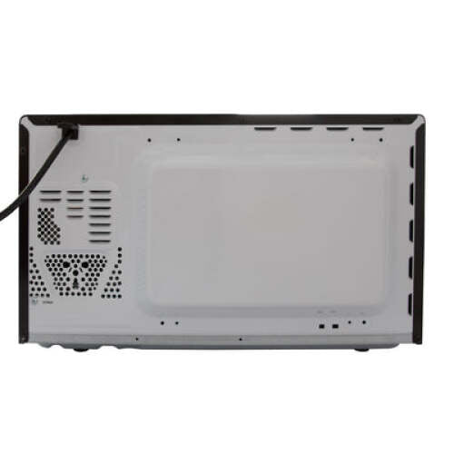 Back view of a compact microwave oven with ventilation grills and power cord for kitchen appliance use.