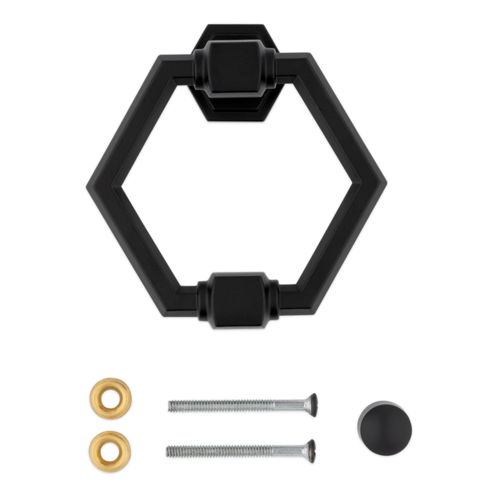 Matte black hexagonal zinc door knocker with matching screws and decorative hardware for door improvement projects