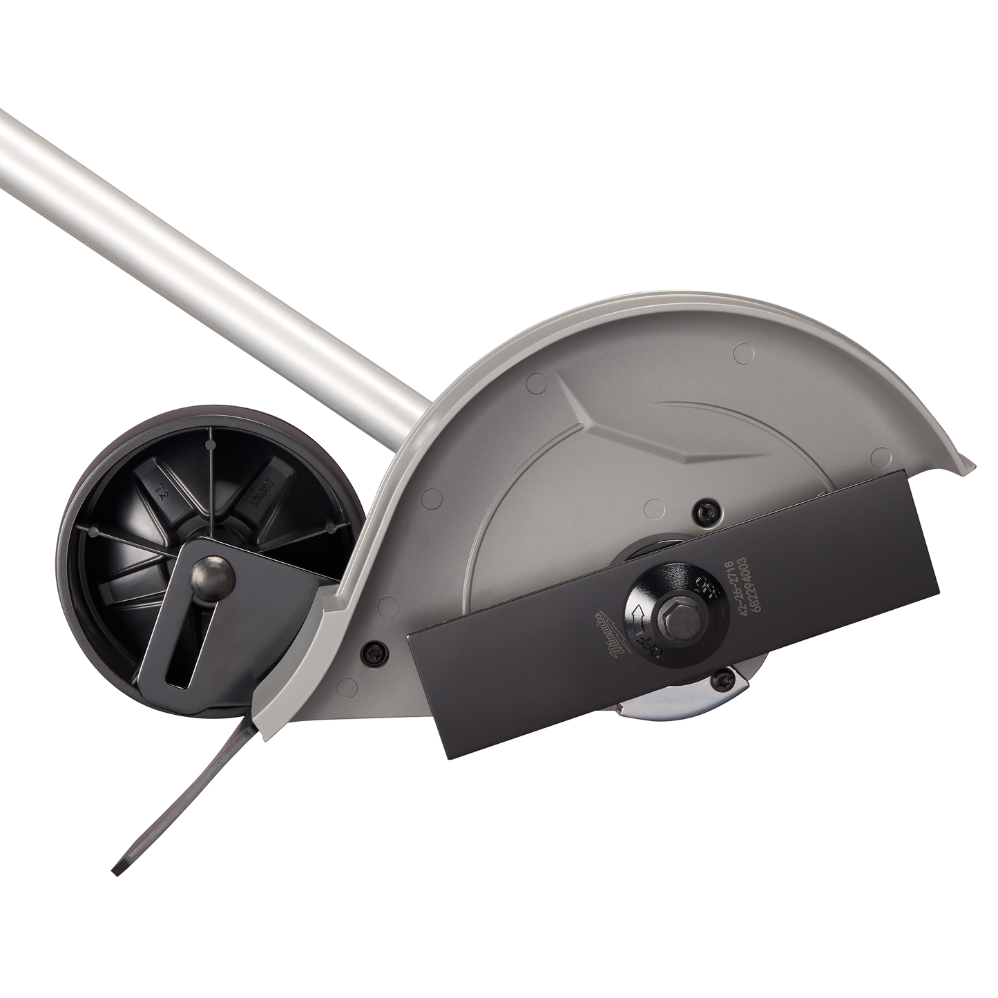 Close-up of Milwaukee M18 FUEL™ edger blade, protective guard, and support wheel for outdoor power equipment use