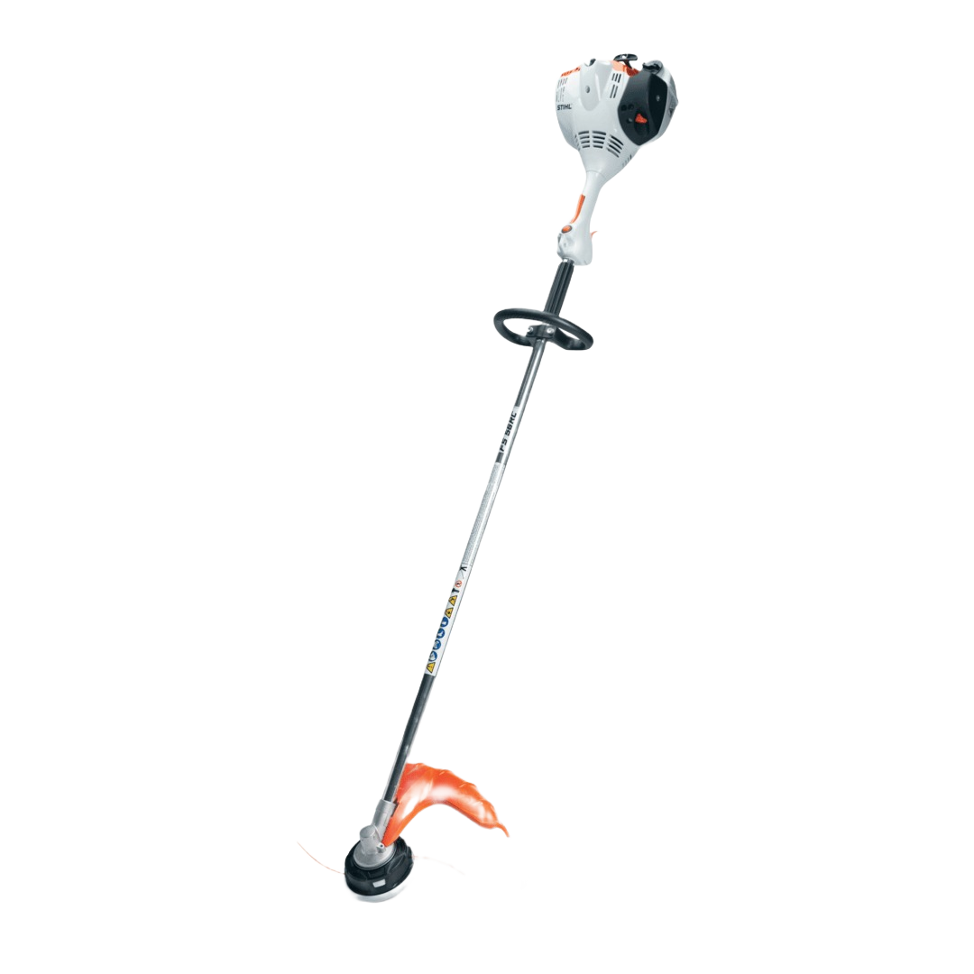 White and orange STIHL straight shaft loop-handle trimmer for outdoor yard and garden tool use in home improvement tasks