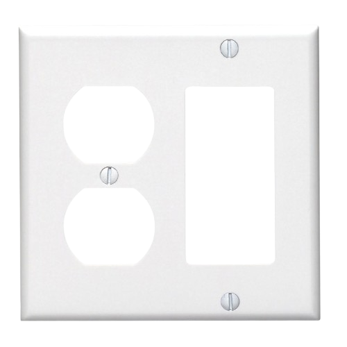 White plastic 2-gang wall plate for rocker switch and duplex outlet in electrical and wall plates collections under $50