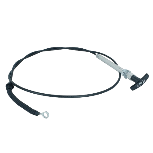 Flexible black spout control cable with metal fittings and T-handle for tools and home improvement applications