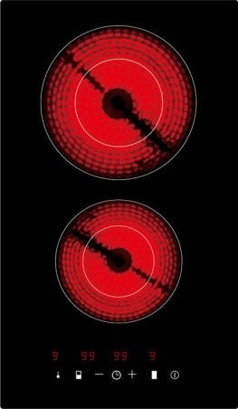 Electric glass cooktop with two glowing burners and digital touch controls for home kitchen appliances collection