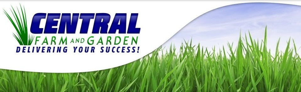 Central Farm & Garden logo with grass blades graphic promoting lawn care and garden improvement products.
