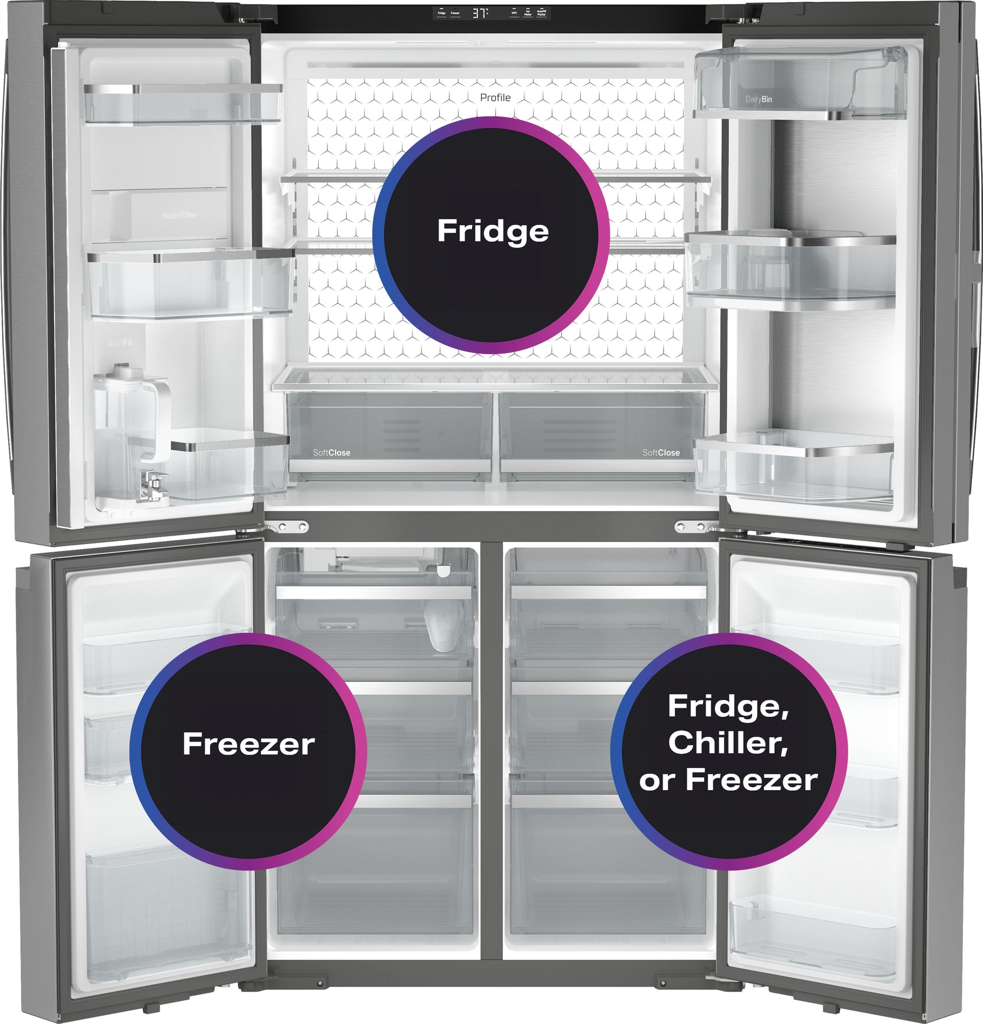Open stainless steel quad-door refrigerator with adjustable shelves and spacious freezer compartments in appliances collection