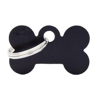 Small black bone-shaped pet ID tag with metal keyring for attaching to collars or pet accessories