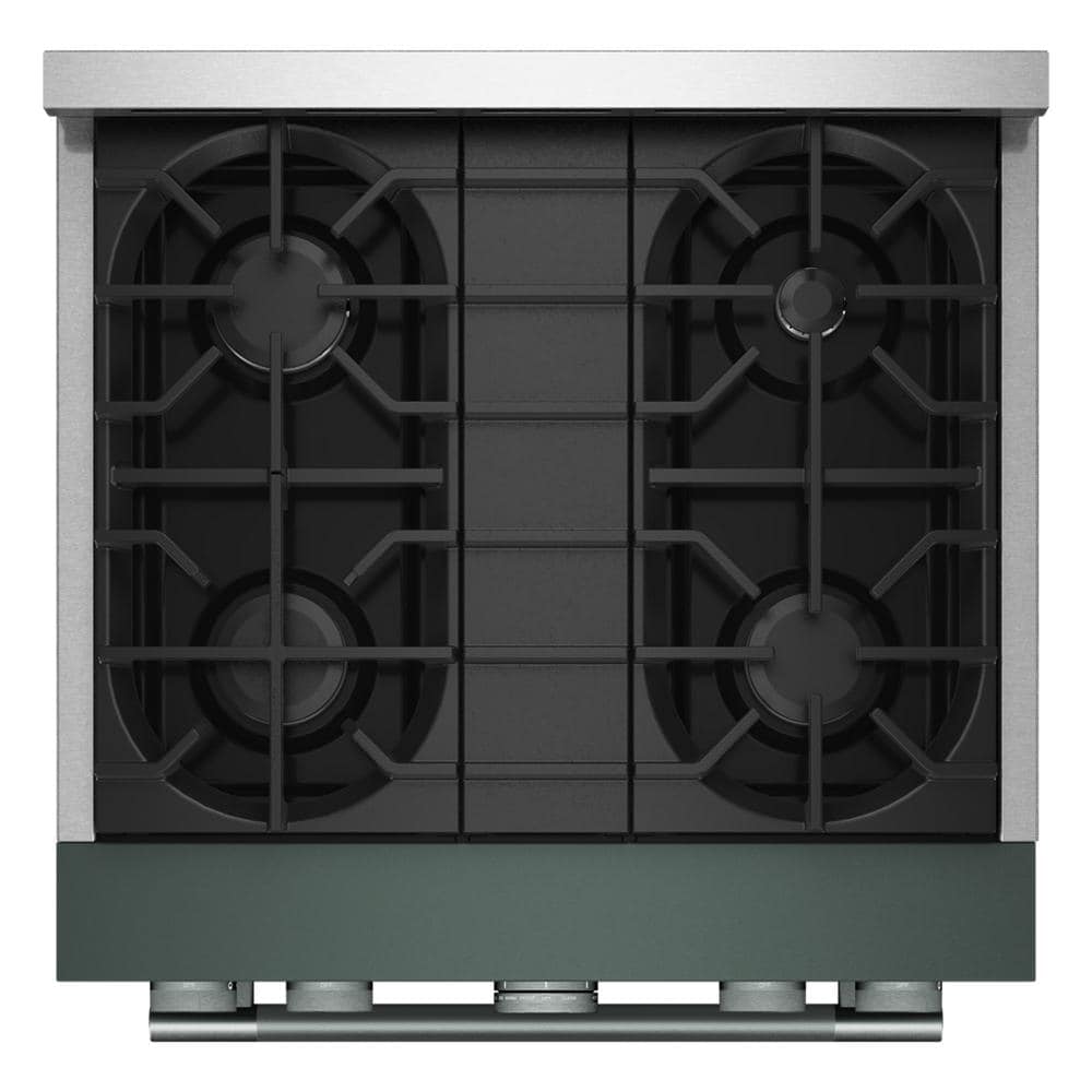 Top view of green KitchenAid 30-inch commercial-style gas range with four burners in ranges collection