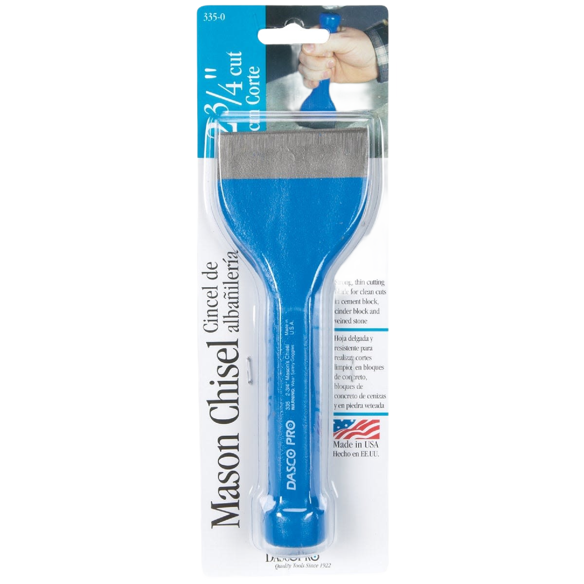 Blue-handled steel mason chisel with angled blade for clean cuts in cement blocks and stone in home improvement tasks